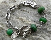 Artisan Sterling Silver and Natural Emerald Heavy Chain Heart Bracelet Wire wrapped Green Faceted Gemstone