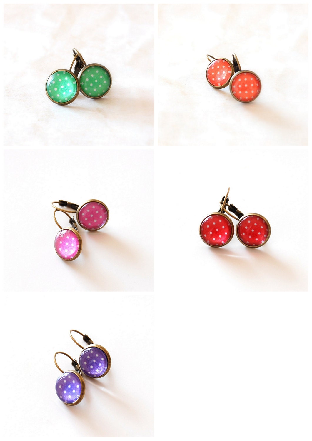 Green Polka Dot Earrings. Antique Brass, Round Glass Dome.