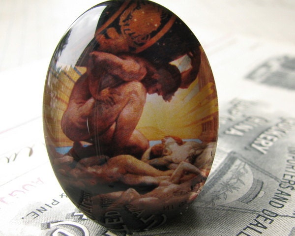 Atlas Holding Up the Universe, nude man, masculine body, Greek mythology, handmade 40x30mm glass oval cabochon, yellow, white, brown, black
