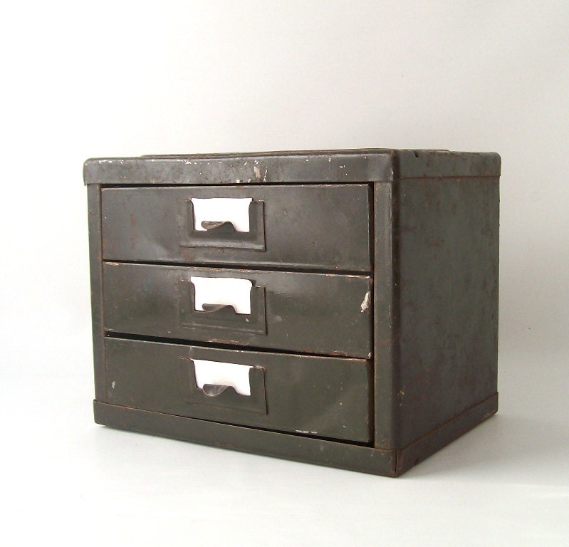 vintage industrial metal storage box chest of drawers rusty old tool-box bin retro mid century modern rustic men handy man