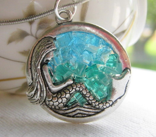 Stained Glass Mermaid Necklace, Silver Glass Mermaid - AimeezArtz