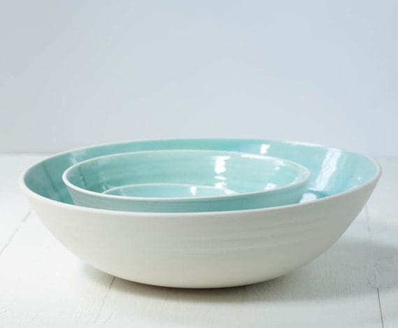 Large Aqua and White Porcelain Nesting Bowls