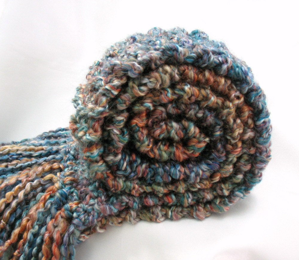 Multicolored Scarf Hand Knitted Men Women Long Soft Thick Warm Chunky Knit Winter Spring Multicolor Woodsy Earth Tone Blue Green Brown
