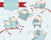 Winter Whimsy Owls - digital clipart- printable artwork - commercial use