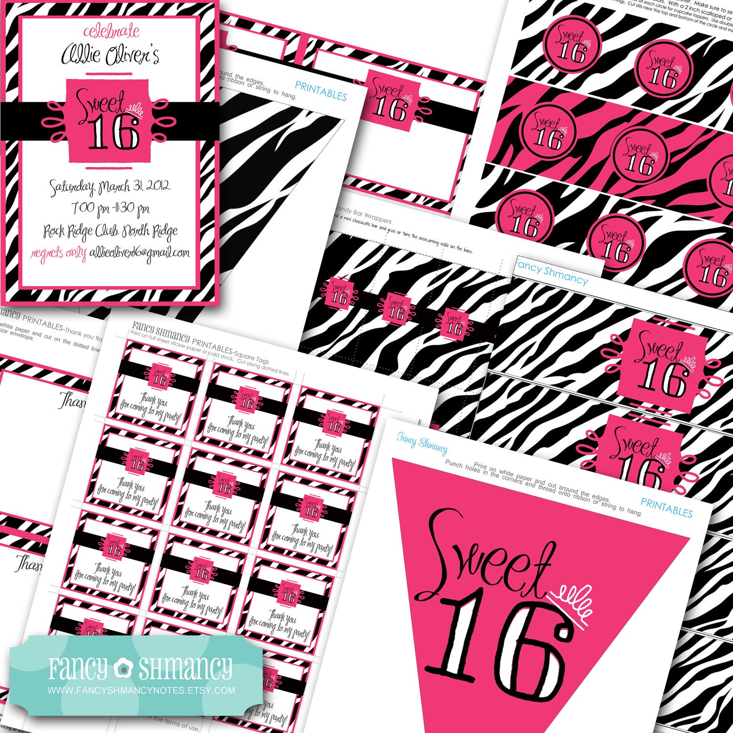Sweet 16 Zebra Print Printable Party Set in Pink, Digital Files