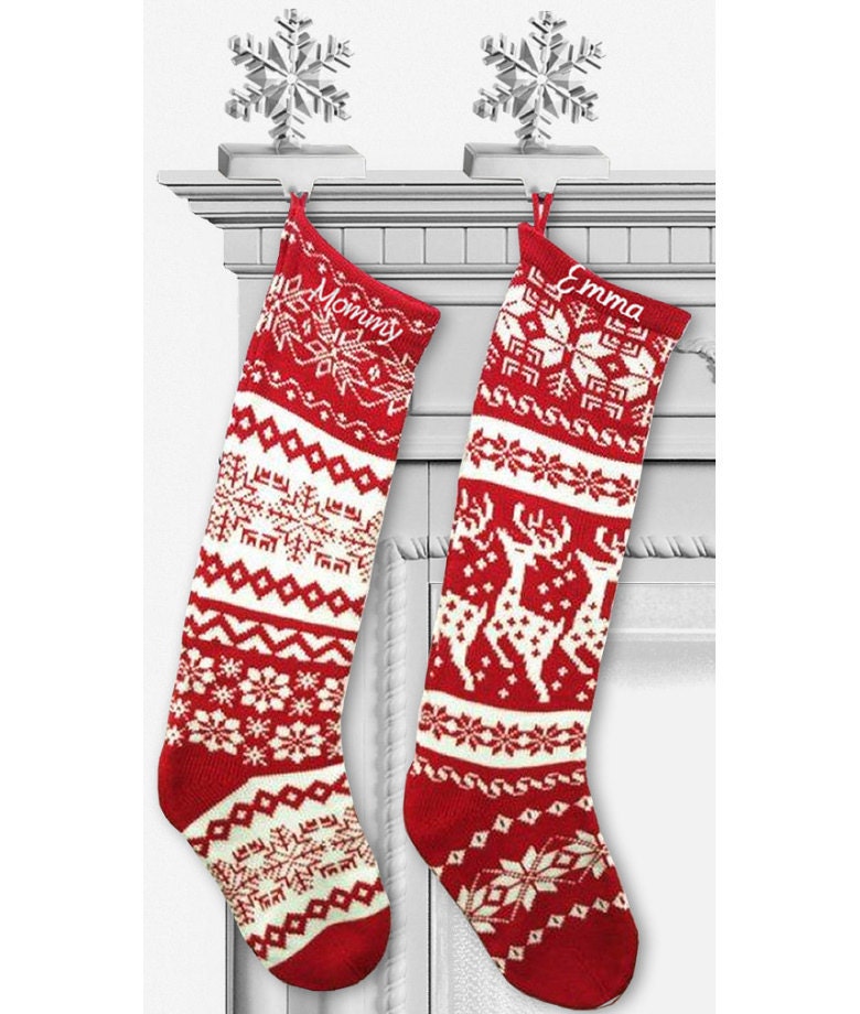 Knit Christmas Stockings - Red White - Renindeer or Snowflake Design