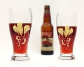 Hand Painted Beer Glasses - Amber Gold Hops, Abstract 15 oz. Pilsners, Set of 2, Happy Hour Groomsmen Fathers Day