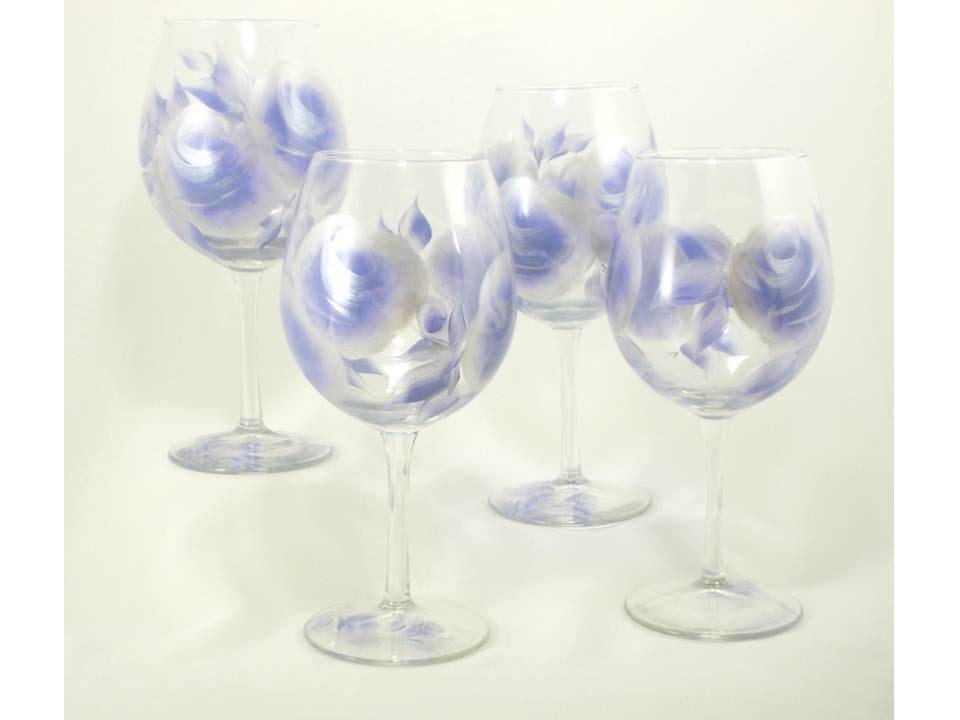 Hand Painted Wine Glasses Periwinkle Blue and Silver Large Abstract Roses - Bridesmaid MOH Winter Wedding, Set of 4 Large 18 oz - HandPaintedPetals