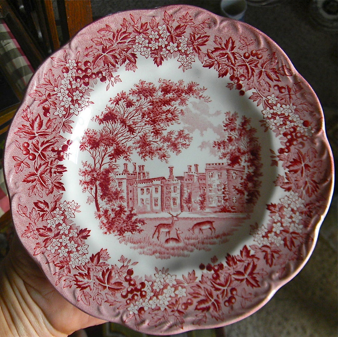Vintage Red Transferware Plate English Manor Grazing Deer Blueberries and Ivy