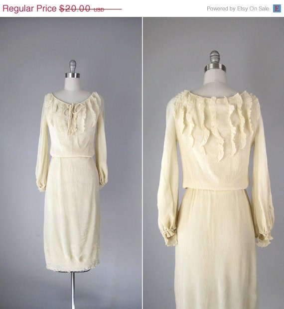 20% off SALE SALE Vintage 1970s Dress // 70s I. Magnin Cream Ruffles Gauzy Blouson Dress // Romantic