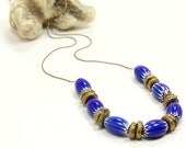 Blue Chevron Necklace- gorgeous blue African vintage chevron beads and brass rings on a sleek raw brass box chain