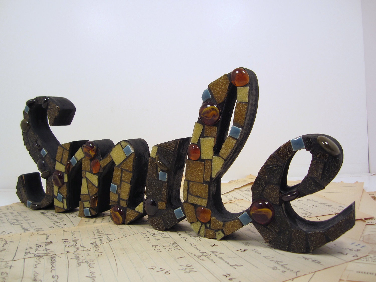 MOSAIC -- SMILE mosaic plaque, self-standing or hang on wall, neutral colors browns