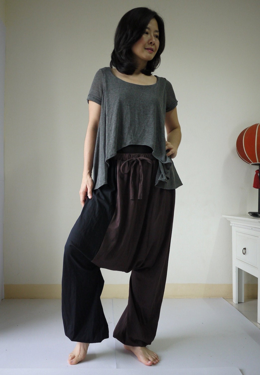 2 Tone Men Women Plus size Black And Dark Brown Stretch Cotton Funky Drop Crotch Harem Pants With Elastic & Adjustable Drawstring Waist