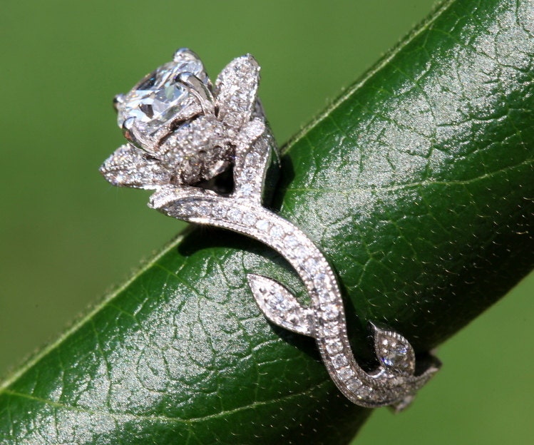BLOOMING Work Of Art - Flower Rose  Lotus Diamond Engagement or Right Hand  Ring -  Milgrain - 1.50 carat - 14K white gold - brides - fL07