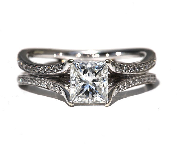 Princess Cut 1.35 carat Round - Diamond Engagement Ring 14K white gold - Split Open Double Shank - Weddings- Luxury- Bp016
