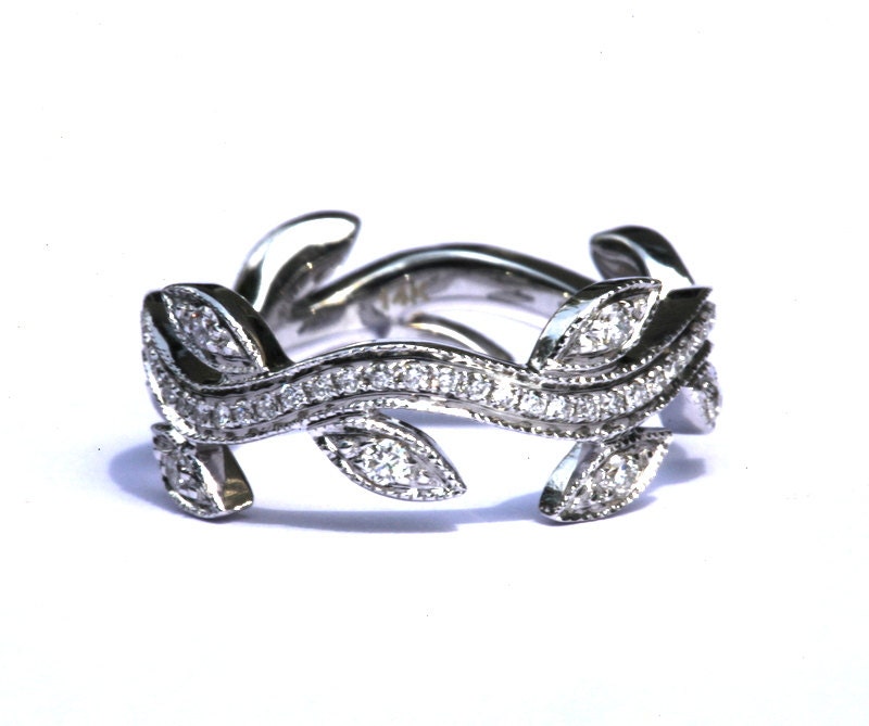 Leaf Eternity WEDDING BAND NO Milgrain - Flower - Diamond - Vine - Right Hand Ring - Platinum - fL07