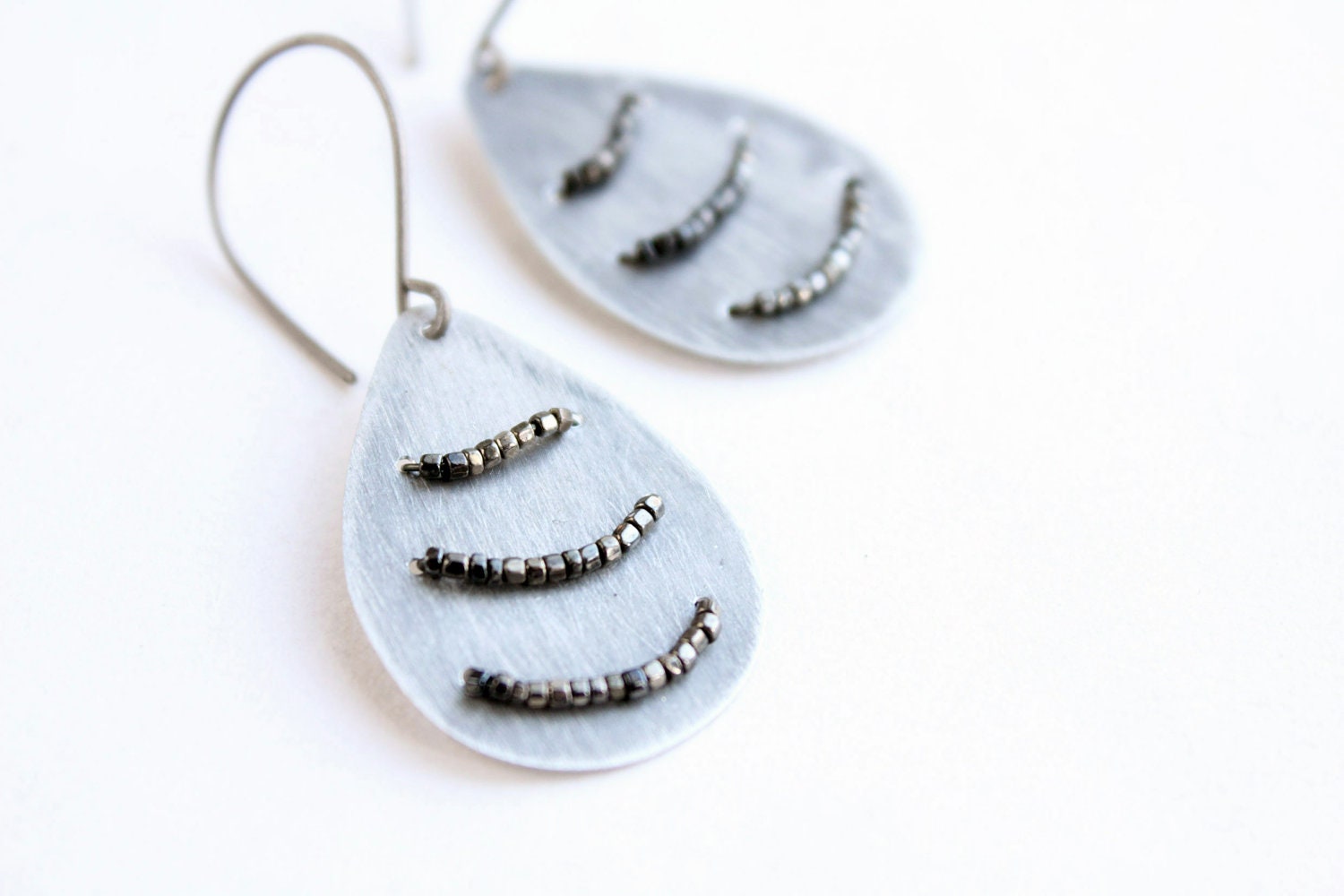 Petite Silver drop earrings recycled aluminum antique rough glass beads minimalistic urban contemporary