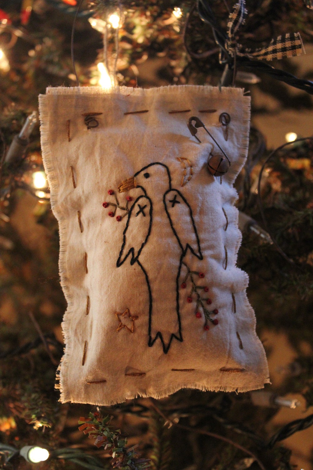 Primitive Crow with Moon Handmade Pillow Hanger Ornament
