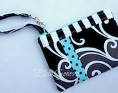 Black White Aqua Grey Swirls Dots and Stripes Phone Case - Clutch - Pouch - Purse with Wristlet - iPod - iPhone - Android
