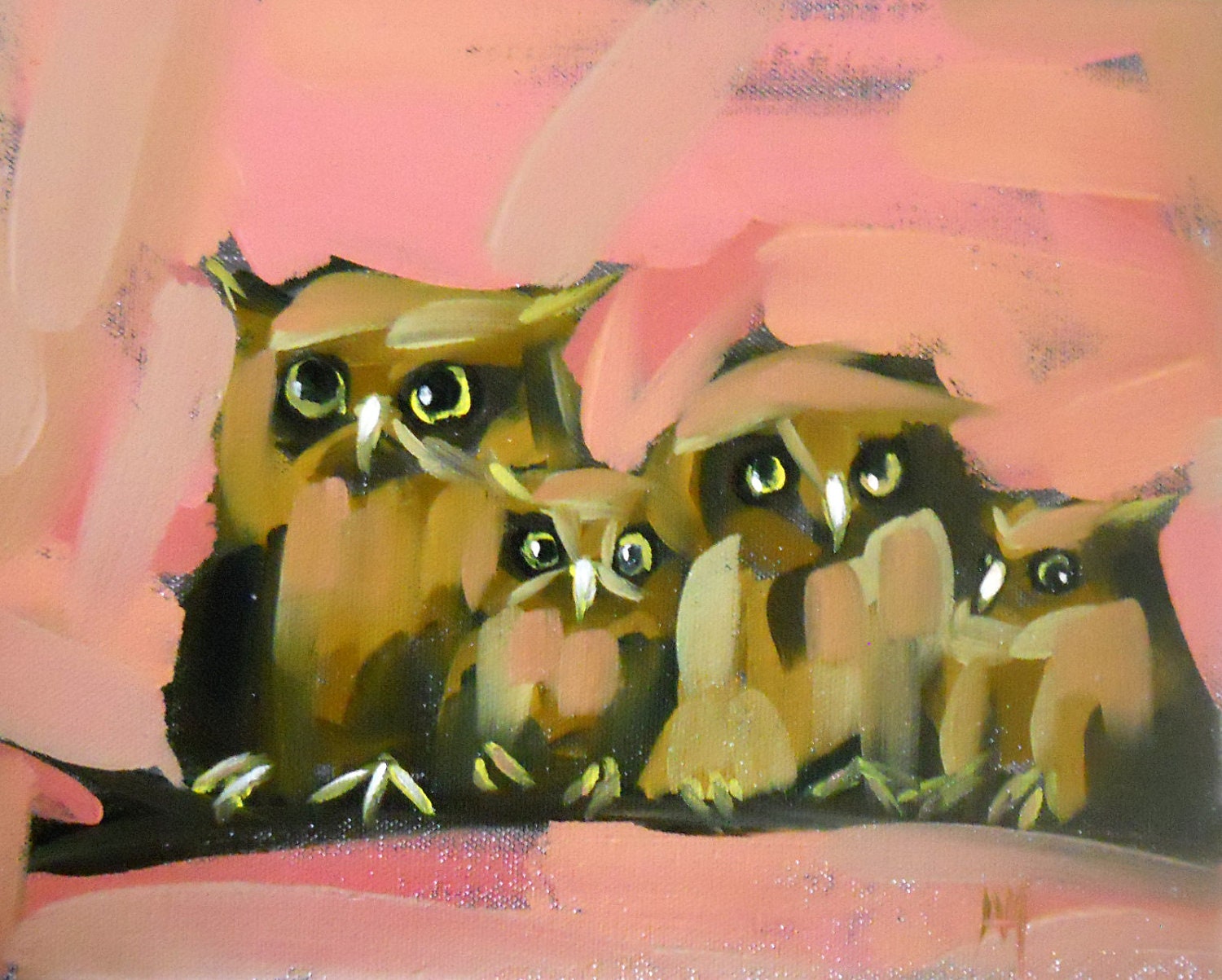 screech owl family on branch no. 3  print by artist angela moulton prattcreekart 8 x 10 inch