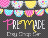 Party Buntings on Gray Stripes - Premade Etsy Set
