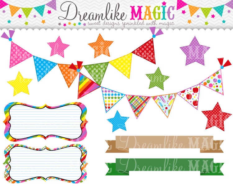 Back to School Buntings, Frames, Stars and Ribbon Banners - Clipart for Personal or Commercial Use Il_570xn