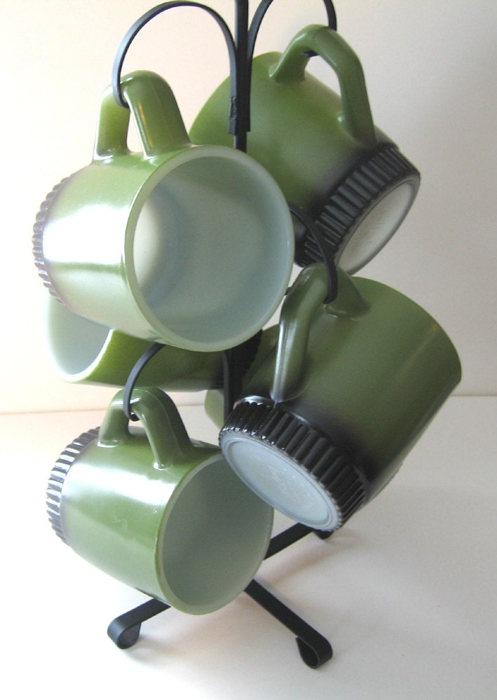 Fire King Six Mug Set, Vintage Mug Stand, Mug Tree, Avocado Mug Set, Retro Mugs, Coffee Mugs, Six 6 Mugs