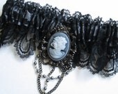 Black Lace Garter, Black Wedding Garter, Cameo Garter, Pewter Satin Garter, Gothic Bride's Garter, Steampunk Garter, Noir/Neo Victorian