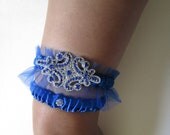 Wedding/Prom Garters, Royal Blue Satin Garters, Tulle Garters, Blue Jeweled Rhinestone Garter, Heirloom Garter for Bride