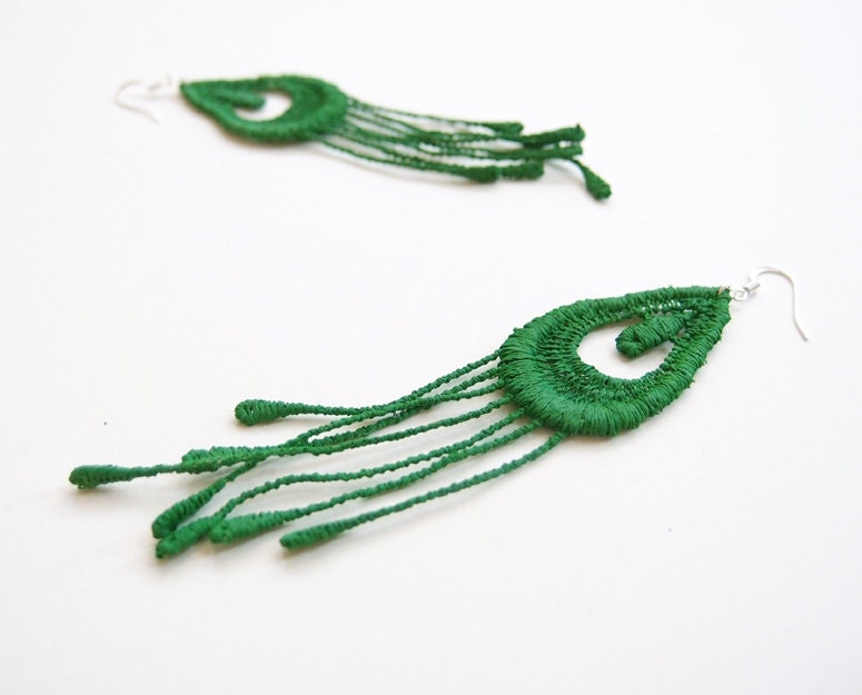 Lace Feather Earrings - Miu in Emerald Green - Bohemian Jewelry