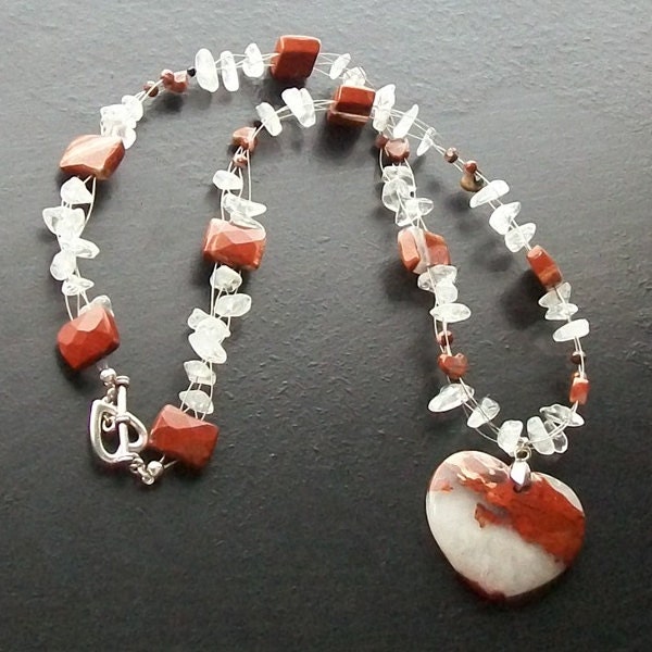 Red Jasper Heart Necklace with clear quartz chips and red jasper faceted rectangles-Rustic Ice-Burnt Sienna, Dark Red on Silver