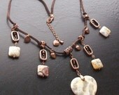 Crazy lace agate heart gemstone necklace with copper, crystals on brown suede-Hieroglyphics -Brown, Cream, Russet, Red