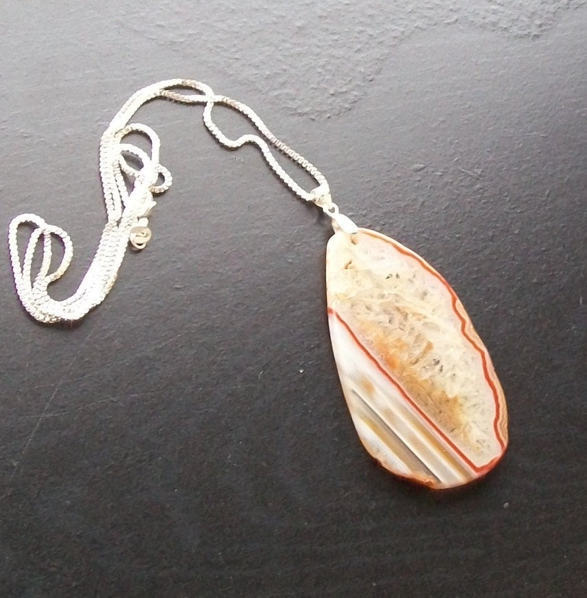 Orange Striped Agate Slice Necklace with Quartz Druzy-Light Orange, Yellow, White, Druzy, Brown