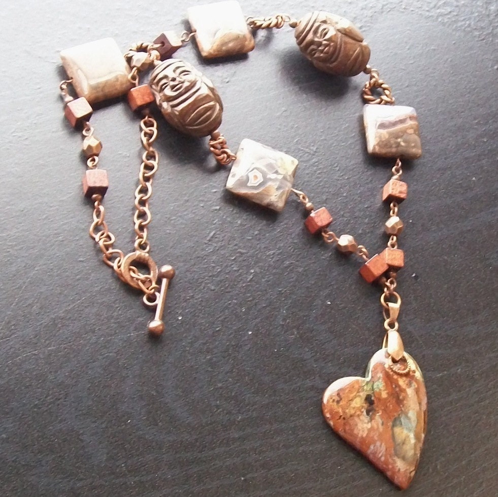 African Opal Heart Gemstone Necklace with Wood Buddhas-The Buddha Garden Gnome-Brown, Green, Wood, Copper, Gray