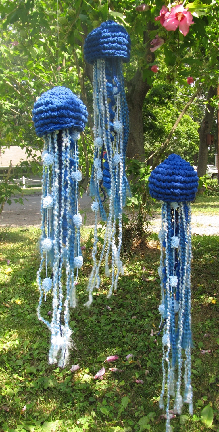 Set of 3 Large Upcycled Crochet Jellyfish. OOAK made to Order. Home Decor