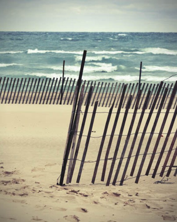 Beach Photograph dunes water blue teal fence sand summer Lake Michigan Warren Dunes 8x10