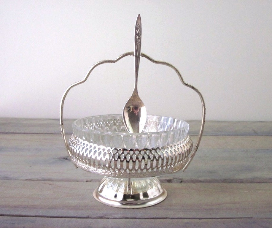 Pressed Glass Silver Plated Condiment Bowl with Silver Spoon