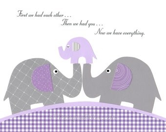 Girl Nursery Art, Kids Wall Art, Baby Girl Room Decor, Elephants, Purple and Gray, First We Had Each Other, 8x10 Print