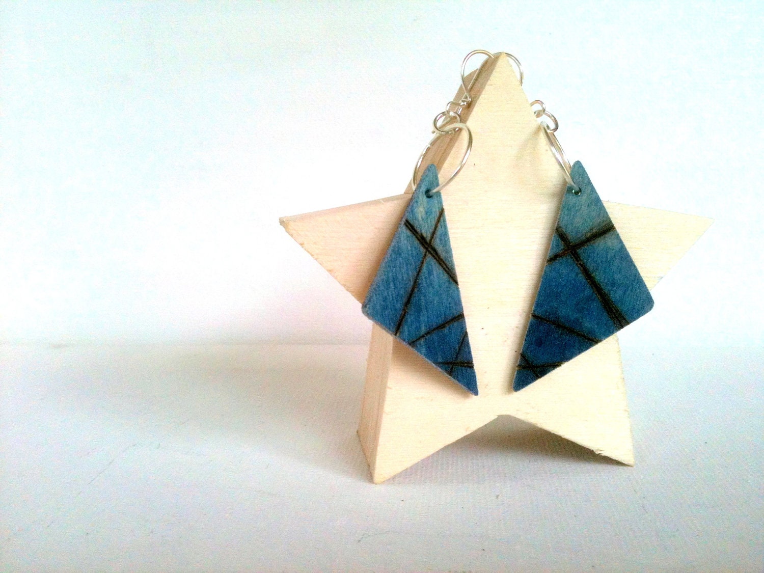 Midnight Navy Blue Ombre Geometric Triangle Wood Island Earrings with Linear Pyrography Woodburned Designs
