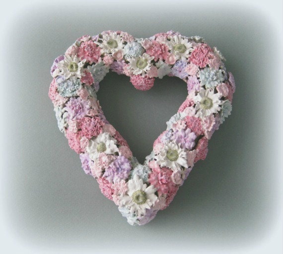 Cottage Chic Decor, Flower Wreath, Floral Wreath, Heart Wreath, Flower Wall Decor Wedding Decoration Wall Hanging Gift Art Feminine Handmade