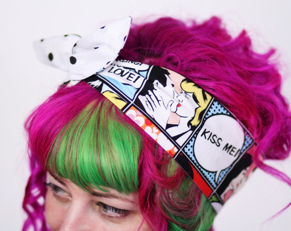 Reversible Wired Bow Headband, Kiss Me Comic Strip and White with Black Polka Dot