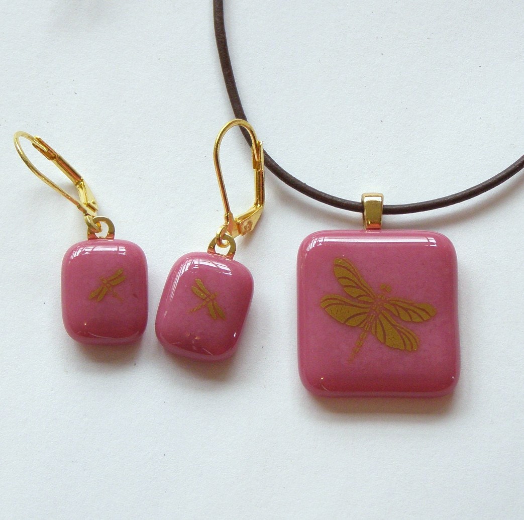 Gold Dragonfly Fused Glass Pendant Necklace and Earring Set Pink Glass