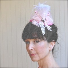 Pink French mini top hat sale- for girls or women-- rhinestones, French toile, lace and white feathers. Ready to ship