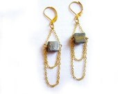 Raw Pyrite Earrings - Golden Starlight Moon Landscapes - rough pyrite nuggets, gunmetal chains