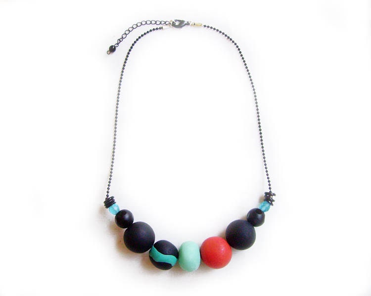 Bubble Necklace in Black, MInt, Coral Red - Geo Deco- Handmade Polymer Clay Statement Necklace - Autumn -Winter Sneak Peek Trend Preview