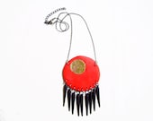 Red Sun Necklace, Geometric Gold Gilded Clay Pendant, Black Spikes - LUNAR //SOLAR Collection