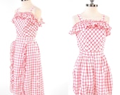 Vintage 50s red plaid Romper and skirt set / white Buttons / RARE playset