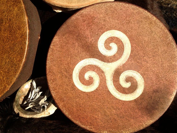 Native American style frame drum with custom totem and symbology artwork - "Triskelion Spiral"