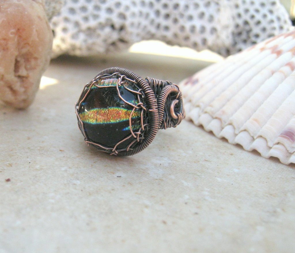 dichroic glass ring in copper wire