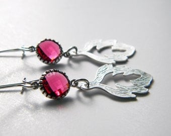 Denise - fuschia gem and silver feather earrings - gift